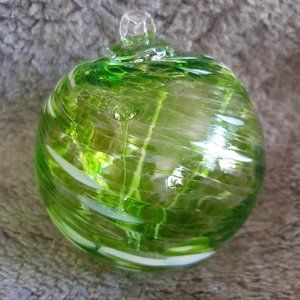 Hanging Glass Ball 4" Diameter Peridot Green & White Witch Ball (1) #114